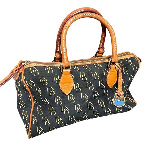Y2K Dooney & Bourke Black Brown Monogram Handbag Purse Leather Canvas - Picture 1 of 14